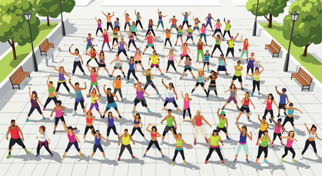 Outdoor fitness class with group of people dancing in park, zumba workout session in public square, aerobic exercise and community wellness vector