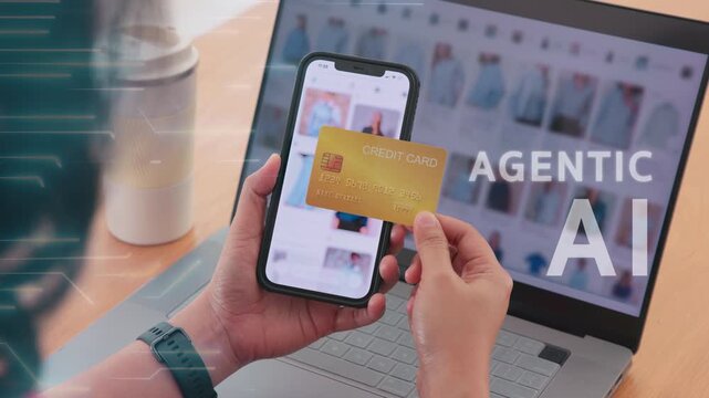 Woman using phone Agent AI app retail shop store tech auto pay buy  credit card at home fintech. Modern Agentic AI bot order assisted people easy smart future life internet of things virtual wallet.