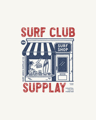 Obraz premium Vintage Surf Club Supply Shop Illustration with Retro Text.