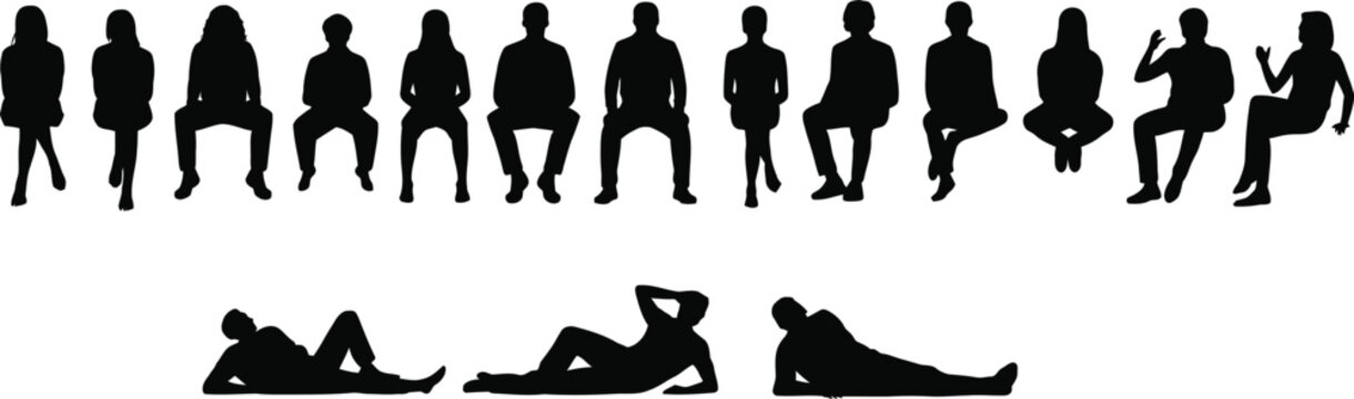 Black silhouettes of people sitting and lying down