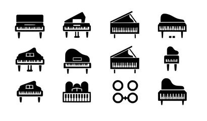 Minimal piano icon set upright keyboard silhouette vector © MdMiraz