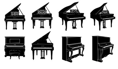 Vintage upright piano silhouette classical music icon vector set © MdMiraz