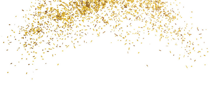 Scattered gold glitter particles forming an arched frame shape on a plain white background with metallic texture and reflective light fragments