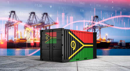 Trade Winds: A striking container, emblazoned with a national flag, stands as a symbol of global trade, poised amidst a bustling port, with a dynamic representation of market trends in the background. © bao