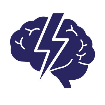 Dark blue brain with a lightning bolt, cracked and stressed