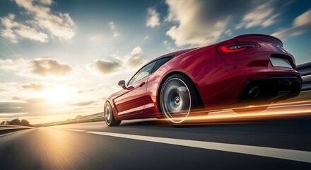 Fototapeta premium Red sports car speeding down a highway at sunset motion blur effect