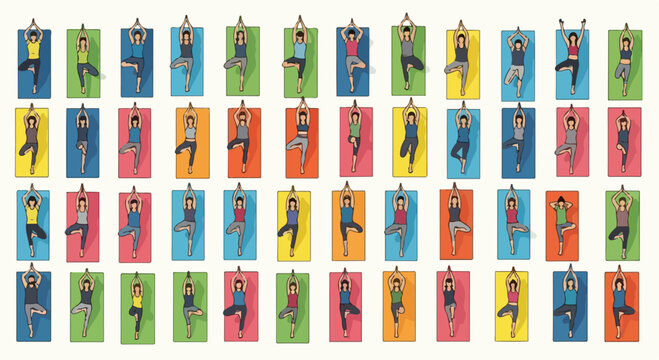 Yoga tree pose illustration set, diverse people practicing balance on colorful mats, 47 vector icons of women in vrikshasana yoga pose