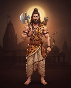 Illustration of lord parshuram with axe and bow for parshuram jayanti celebration.