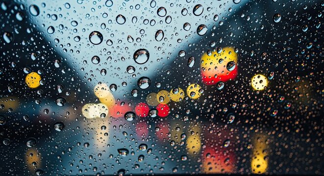 Raindrops on car window with blurred city lights at night.