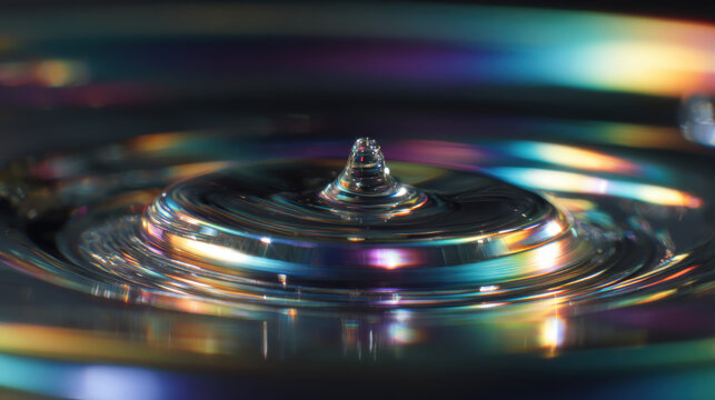 Drop falling into water with rainbow-like ripples and reflections