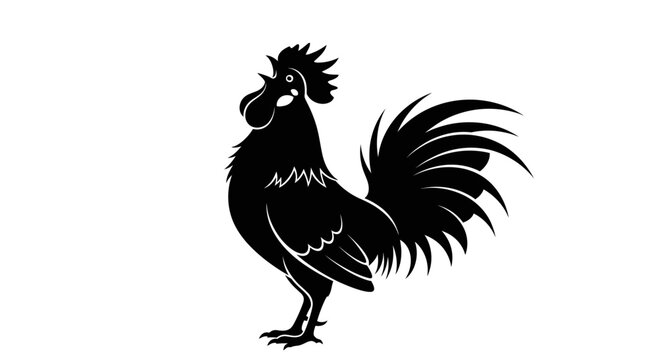 Black Silhouette Rooster Crowing on White Background