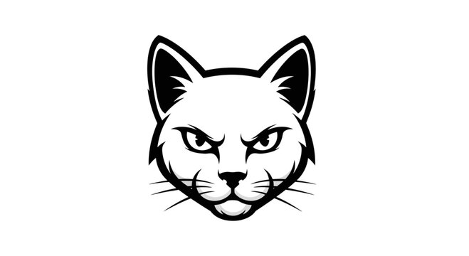 Fierce Black Cat Head Silhouette, Stylized Portrait, Black and White Vector Art