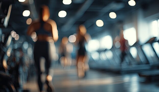 Blurred image of people working out in a modern gym with bright lights