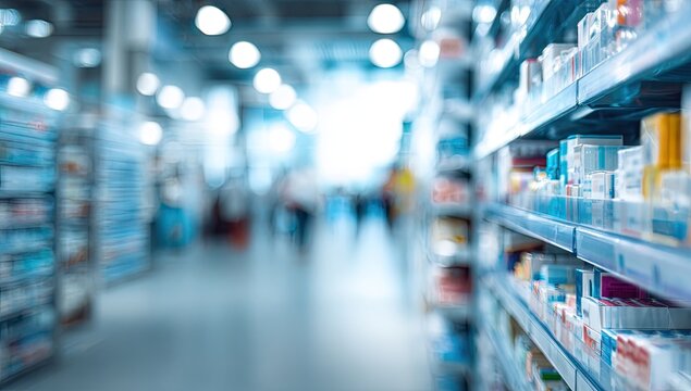 Soft focus view of a bright pharmacy aisle with stocked shelves and distant shoppers