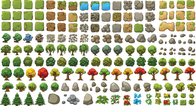 Isometric game assets collection with 2D nature elements, cartoon landscape tiles for map building, vector trees and rocks set for mobile app development