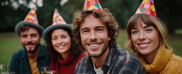 Fototapeta premium Friends celebrate a birthday picnic in the park wearing festive hats