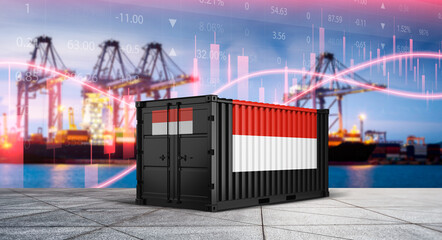 Global Trade Symbolism: An Indonesian-flagged shipping container stands as a symbol of international trade, set against the backdrop of a bustling cargo port and overlaid with dynamic financial data. © bao