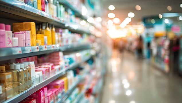 Soft focus view inside a well-lit retail store, displaying shelves full of diverse products