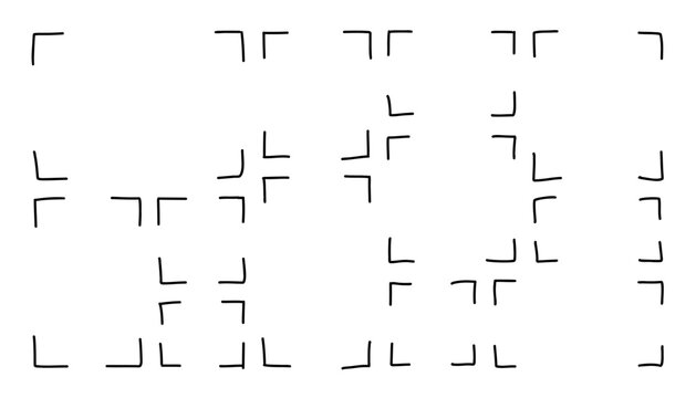 Set of hand drawn corner frame elements in a minimal sketch style, featuring simple bracket shapes for crop marks, focus frames, and design overlays, ideal for layouts and UI compositions. Vector