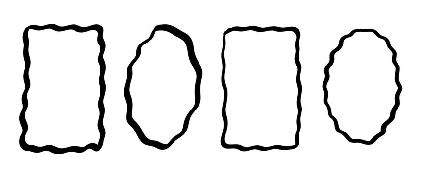 Set of hand drawn wavy frames with irregular organic outlines in a minimalist sketch style, ideal for labels, badges, posters, and creative design layouts. Vector illustration