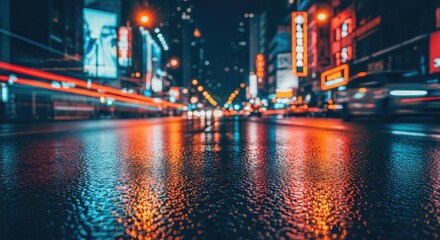 Obraz premium Vibrant City Nightscape with Blurred Car Lights and Wet Street Reflections.