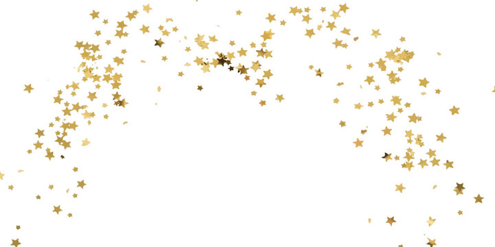 Gold star shaped confetti scattered in an arch formation isolated on a plain white background with metallic texture and sharp edges