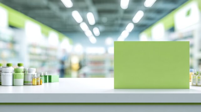 Wide Pharmacy Banner With Green and White Colors and Space for Text Near Medicine Bottles on a Clean Counter