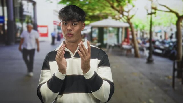 Man in a striped sweater with hands pressed together in a pleading and prayer gesture on a busy street lined with trees and sidewalk cafes; thoughtful apology.