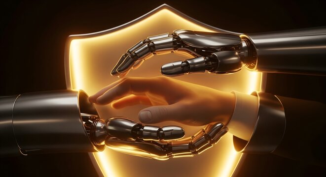 A human hand being protected by robotic hands in front of a glowing digital shield symbol representing cyber security and AI safety