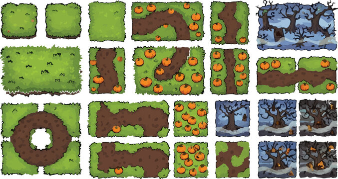 Top-down game tileset vector collection, cartoon map assets with green grass and pumpkin patch, spooky forest environment for mobile game level design
