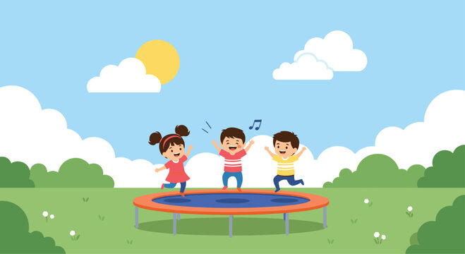 Group of diverse children jumping and playing on a trampoline in a sunny park with green grass and white clouds in the sky area.