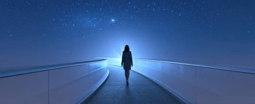 Woman strolls a glass bridge toward a radiant star of progressive career advancement 3d render