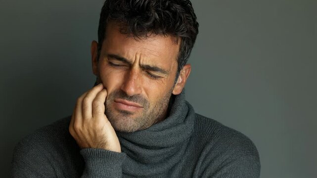 Middle-aged man with a pained expression touching his cheek because of an intense toothache