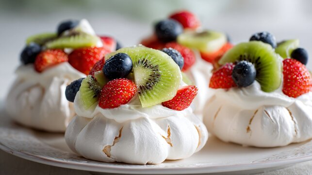 Mini pavlovas with crisp white meringue shells featuring lightly cracked exteriors and marshmallow-soft centers, filled with whipped cream and topped generously with kiwi slices and strawberries