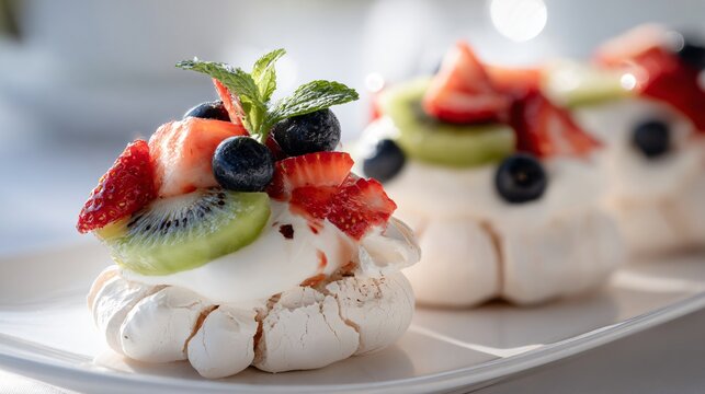 Mini pavlovas with crisp white meringue shells featuring lightly cracked exteriors and marshmallow-soft centers, filled with whipped cream and topped generously with kiwi slices and strawberries