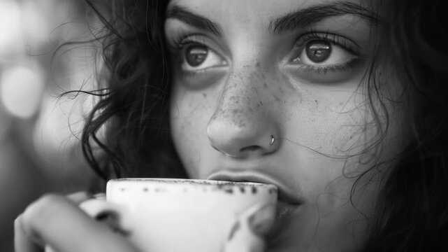 A young woman enjoying a hot beverage, possibly contemplating the day ahead or simply appreciating the comfort of a warm drink.