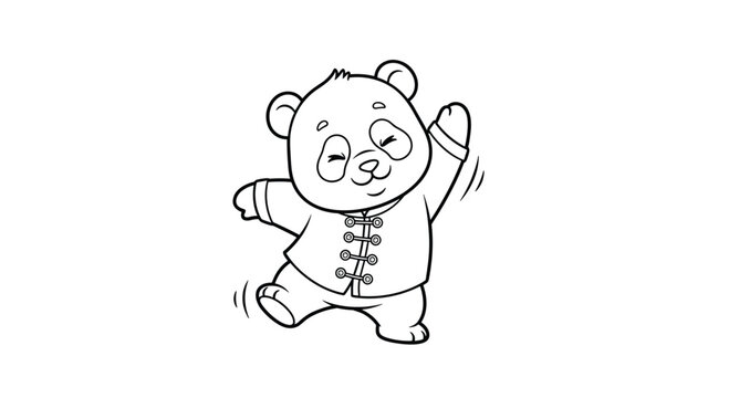 Cute cartoon panda character wearing traditional chinese clothes dancing and waving in a clean black and white line art style.