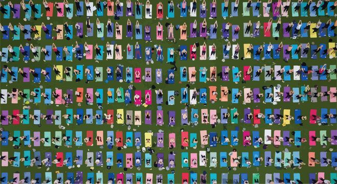Aerial view yoga class illustration, group of people practicing yoga on colorful mats in a park, outdoor fitness community vector
