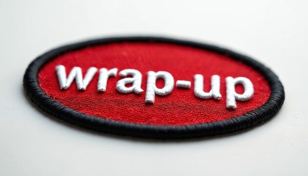 Oval red patch with white embroidered letters spelling wrap-up. Black border frames the fabric design. Suitable for clothing customization or accessory embellishment.