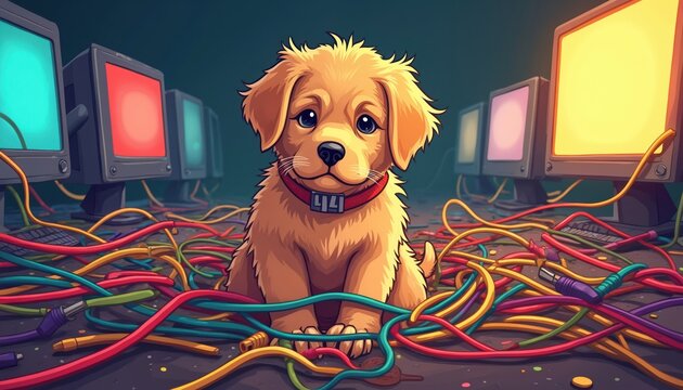 Cute golden puppy sits tangled in colorful computer wires. Monitors glow behind, showing a 404 error. Problematic tech setup with a lost dog.