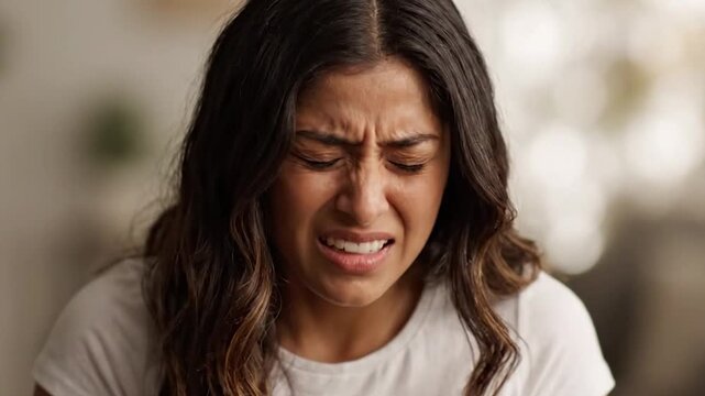 Young woman in a white t-shirt stands facing the camera with a neutral expression. Suddenly, she flinches, her brow furrowing as a sharp pain hits.