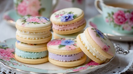 Fototapeta premium Pastel sugar cookie sandwiches filled with buttercream and displayed on floral china