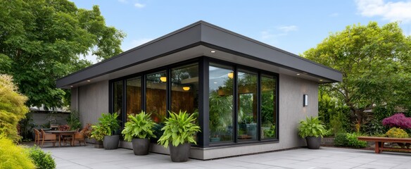 Fototapeta premium A stylish sunroom with a soft gray facade glass walls and vibrant plants facing a lively patio.