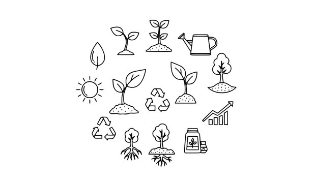 Modern plant growth thin line icon set with seed sprout tree and eco development symbols