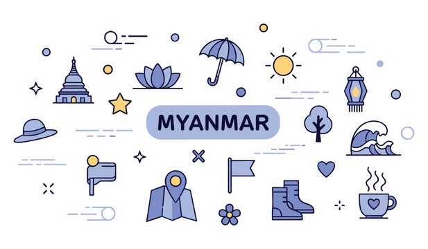 Abstract symbols of myanmar culture and landscape with icons of nature and landmarks