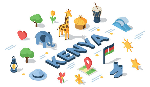 Kenya icons and symbols: giraffe, elephant, flag, cultural items and nature