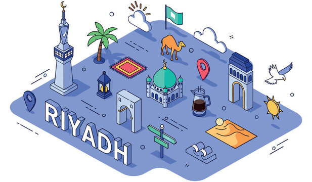 Isometric design of riyadh landmarks and symbols in vibrant colors