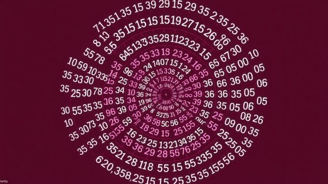 Red spiral pattern. Numbers densely populate circular design. Dark background contrasts vibrant digits. Complex visual arrangement.