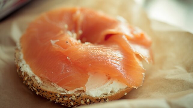 bagel. Single slice of orange-pink smoked salmon on cream cheese and bagel. menu design, packaging mockups, designed for food delivery and cloud-kitchen brand materials, used by curriculum designers.