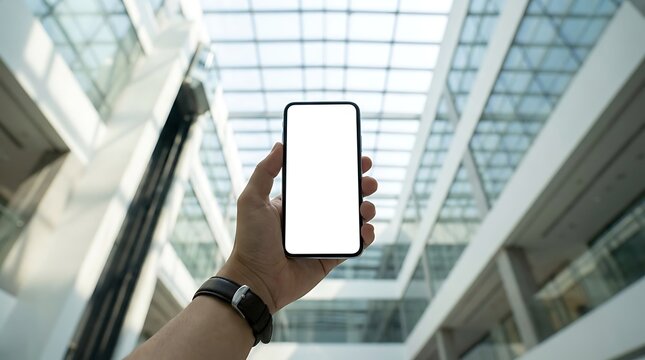 Hand holding a mobile phone with a blank mockup screen against a blurred background of a contemporary glass ceiling corporate office or shopping mall